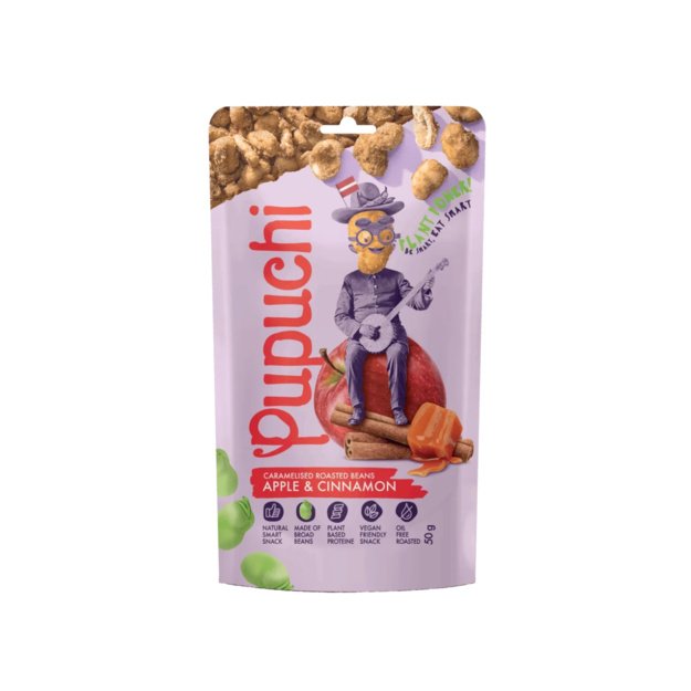 Karamelizuotos pupelės Pupuchi su obuoliais ir cinamonu, 50 g, Latvija