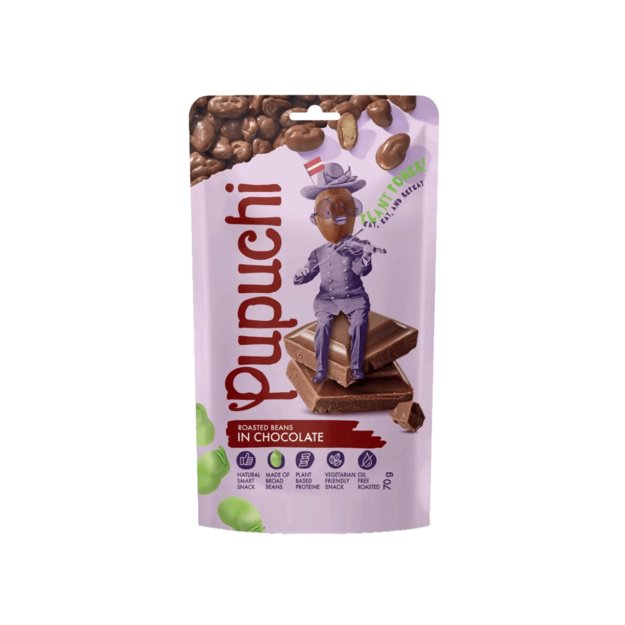 Skrudintos pupelės Pupuchi šokolade, 70 g, Latvija