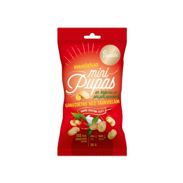 Skrudintos pupelės Pupuchi su piri-piri pipirais, 50 g, Latvija