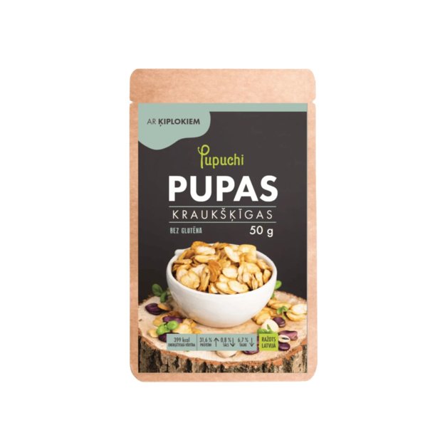 Skrudintos pupelės Pupuchi su česnakais, 50 g, Latvija