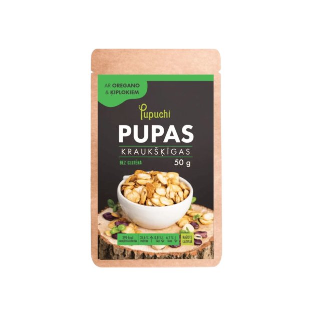 Skrudintos pupelės Pupuchi su raudonėliais ir česnakais, 50 g, Latvija
