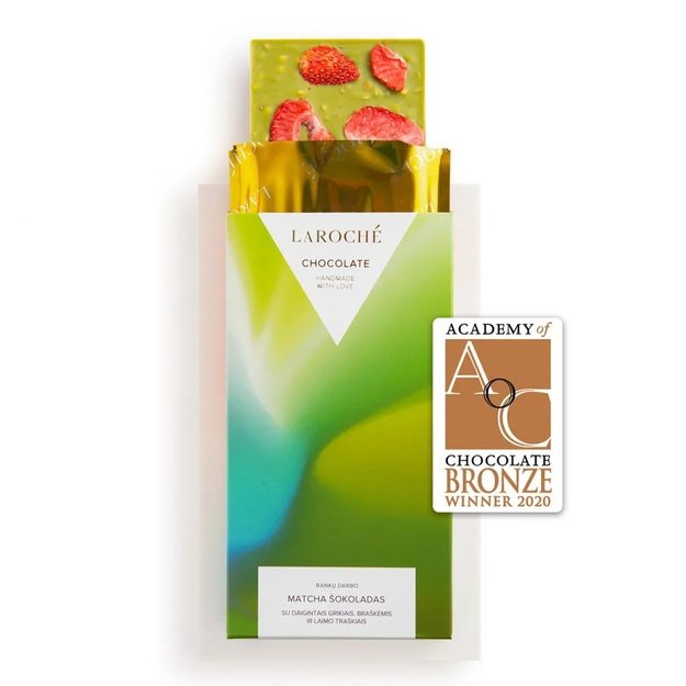 Matcha šokoladas su daigintais grikiais, braškėmis ir laimo traškiais LAROCHÉ N° 1, 90 g, Lietuva