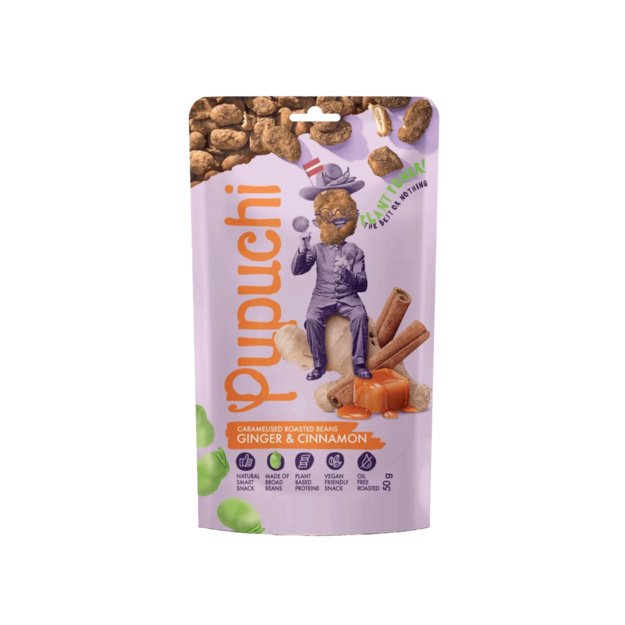 Karamelizuotos pupelės Pupuchi su imbieru ir cinamonu, 50 g, Latvija